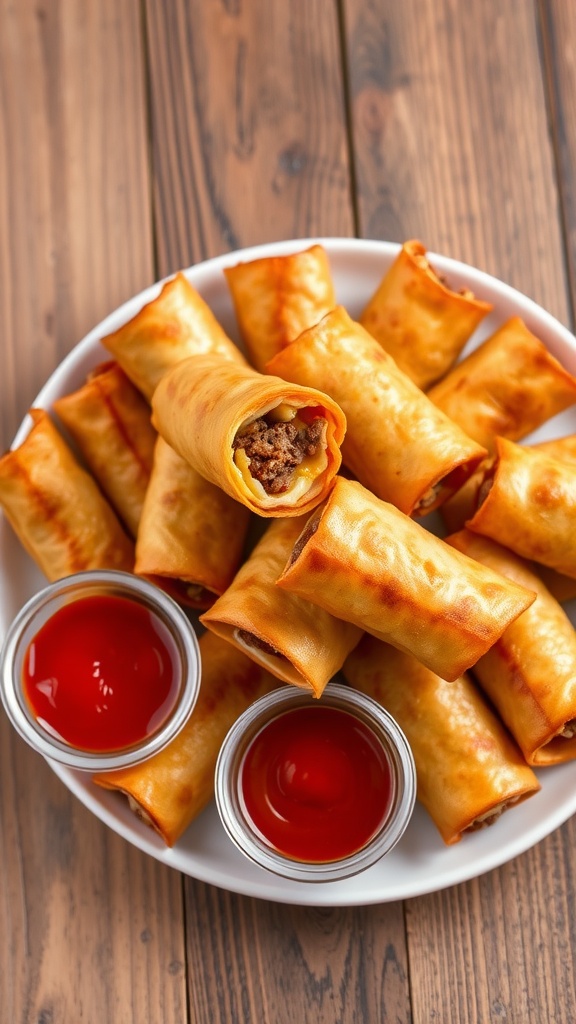 Crispy burger egg rolls with dipping sauces on a rustic wooden table.